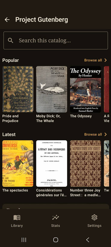 パブリックドメインの本をダウンロードするために Project Gutenberg などの OPDS カタログを閲覧