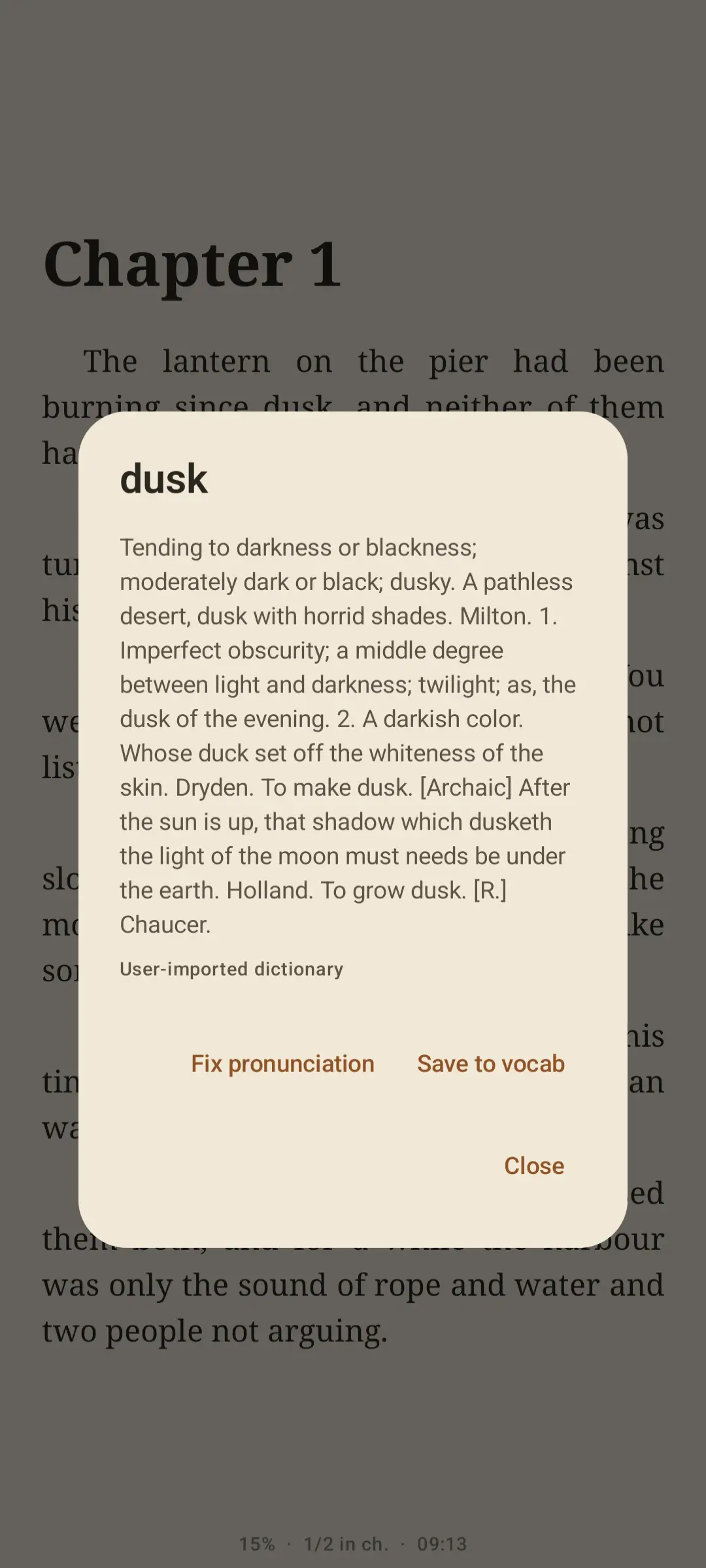 Lectern 阅读界面的长按弹窗，显示 Webster's 1913 对 dusk 一词的释义