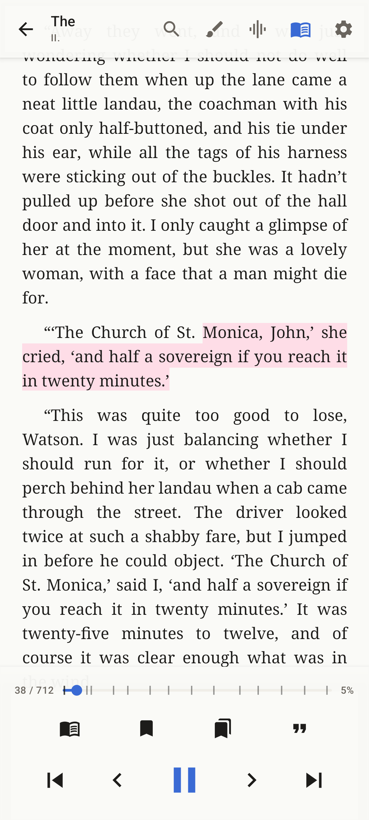 The reader in audio mode with playback controls for reading a book aloud