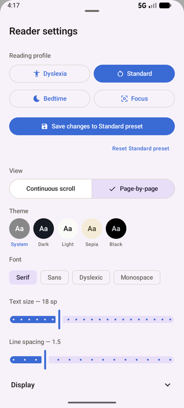 Lectern reader settings with theme swatches, fonts and spacing controls